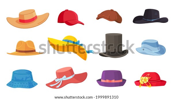 Cartoon\
hats. Female and male headwear, derby and cowboy, straw hat, cap,\
panama and cylinder. Summer women vintage fashion hats vector set.\
Illustration female and male accessory ca or\
hat