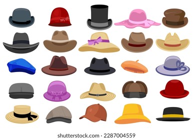 Cartoon Hats and headgears set. Stylish summer and autumn  men and women headwear, vintage classic and modern hats, clothes accessory colorful cartoon vector set of accessories