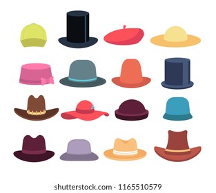 Cartoon hats. Male and female headgear. Hat and cap casual models, headdress vector isolated set. Illustration of hat and cap, fashion model accessory