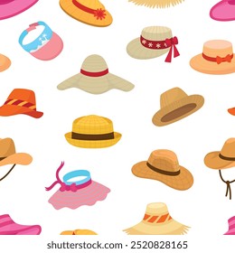 Cartoon hats seamless pattern. Straw and fabric hat, summer beach head accessories. Fashion textile print, wrapping template, vector background