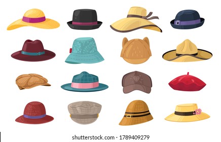 Cartoon hats. Stylish man and woman headwear set, vintage classic and modern head accessory, summer or autumn, gentleman or lady hat, cartoon vector isolated elements collection