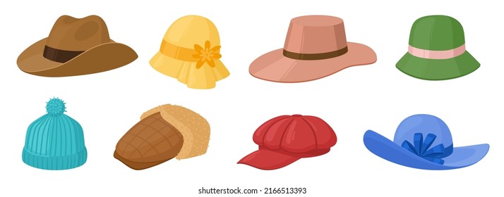 Cartoon hats vector set. Female and male headgear, kepi, knitted hat, cowboy, cap, panama. Summer women vintage fashion hats. Illustration female and male accessory