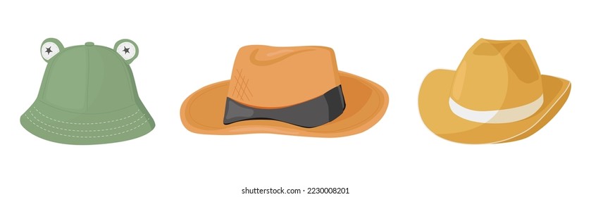 Cartoon hats. Women's, men's and children's hats, derby and cowboy, straw hat, panama. Summer women's vintage fashion hats vector set. Illustration of children's, women's and men's accessories.