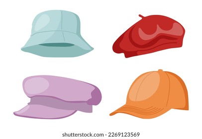 Cartoon hats. Women's and men's hats, panama, beret, cap and beret with a visor. Summer women's vintage fashion hats vector set. Illustration of female and male accessory ca or hat