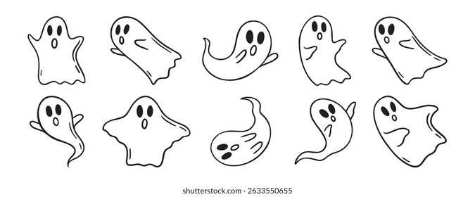 Cartoon haunted ghost Halloween doodle hand drawn icon set. Outline drawing cute ghost characters. Vector illustration