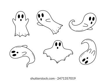 Viñetas embrujadas conjunto de Halloween. Ilustración vectorial de personajes fantasmas lindos.