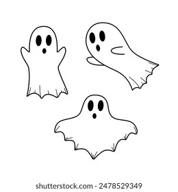 Cartoon haunted Halloween set. Vector illustration of cute ghost characters.