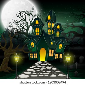 Cartoon of haunted house with full moon background and greenlight