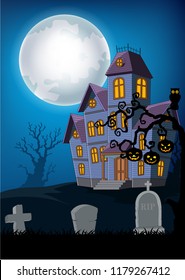 Cartoon haunted house with halloween background