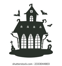 Cartoon haunted house. Halloween creepy ghost house silhouette, spooky monsters haunted old castle flat vector illustration. House with ghosts