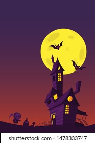 Cartoon haunted house. Halloween night background with full moon