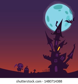 Cartoon haunted house. Halloween night background with full moon