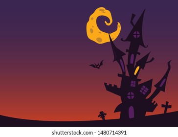 Cartoon haunted house. Halloween night background with castle, cemetary and beautiful gradient sky