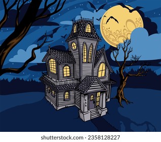 Cartoon Haunted House in the Moonlight with Bats in Vector Format