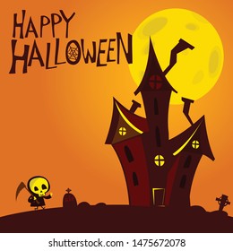 Cartoon haunted house on night background with a full moon behind.  Halloween illustration
