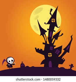 Cartoon haunted house on night background with a full moon behind.  Halloween illustration