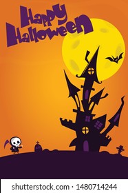 Cartoon haunted house on night background with a full moon behind.  Halloween illustration