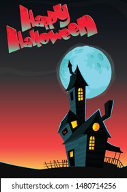 Cartoon haunted house on night background with a full moon behind.  Halloween illustration