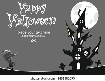 Cartoon haunted house on night background with a full moon behind.  Halloween illustration
