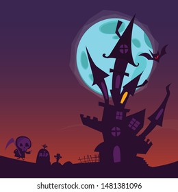 Cartoon haunted house on night background with a full moon behind.  Halloween illustration