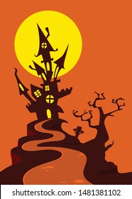 Cartoon haunted house on night background with a full moon behind.  Halloween illustration