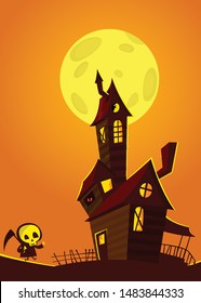 Cartoon haunted house on night background with a full moon behind.  Halloween illustration