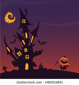 Cartoon haunted house on night background.  Halloween illustration