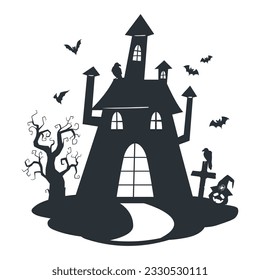 Cartoon haunted house silhouette. Halloween spooky ghost house, creepy monsters haunted castle. Scary house with ghosts flat vector illustration