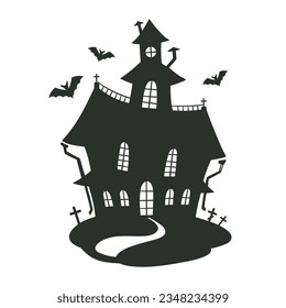 Cartoon haunted house silhouette. Halloween creepy ghost house, spooky monsters haunted houses. Horror house with ghosts flat vector illustration