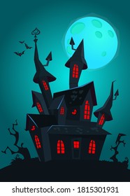 Cartoon haunted old house with the moon in background. Vetor illustration isolated
