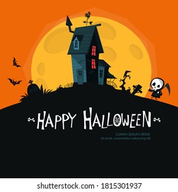 Cartoon haunted old house with the moon in background. Vetor illustration isolated
