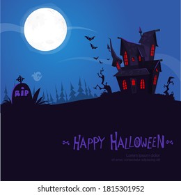 Cartoon haunted old house with the moon in background. Vetor illustration isolated
