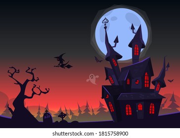 Cartoon haunted old house with the moon in background. Vetor illustration isolated
