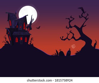 Cartoon haunted old house with the moon in background. Vetor illustration isolated
