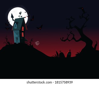 Cartoon haunted old house with the moon in background. Vetor illustration isolated
