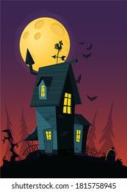 Cartoon haunted old house with the moon in background. Vetor illustration isolated
