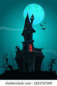 Cartoon haunted old house with the moon in background. Vetor illustration isolated
