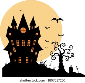 Cartoon Haunted old house on the moon background