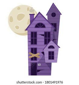 Cartoon haunted purple wooden witch house with full moon. vector illustration for Halloween holiday