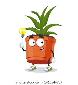 cartoon have an idea aloe vera plant in a pot mascot on white background