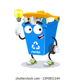 cartoon have an idea blue recycle garbage can with paper mascot on white background
