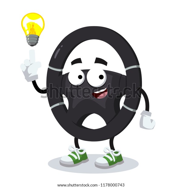 cartoon have an idea car steering wheel mascot\
on white background
