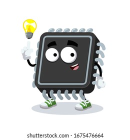 cartoon have an idea computer cpu hardware microchip mascot on white background