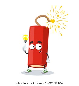 cartoon have an idea dynamite stick with a lit wick mascot on white background