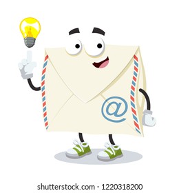 cartoon have an idea envelope with a email symbol mascot on white background