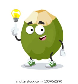 cartoon have an idea green coconut fruit mascot on white background isolated