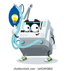 cartoon have an idea medical ventilator for artificial ventilation mascot on white background