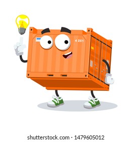 cartoon have an idea metal shipping cargo container mascot on white background
