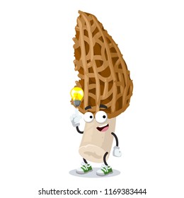 cartoon have an idea morel mushroom mascot on white background