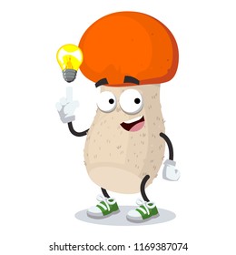 cartoon have an idea orange-cap mushroom mascot on white background